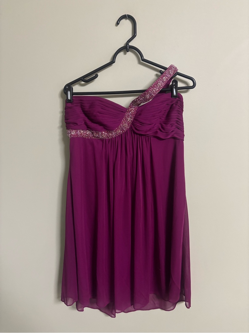 Xscape Dress Size 12 Beaded One Shoulder Cocktail Magenta Chiffon Evening Formal